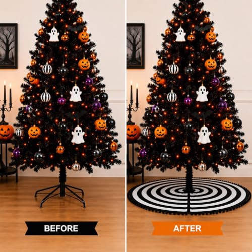 Black and White Christmas Tree Skirt 48 Inch with Pom Poms - Variation of Black and White / 48 Inches
