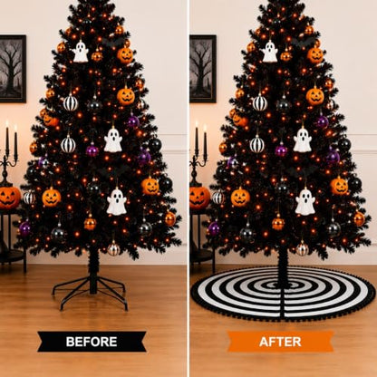 Black and White Christmas Tree Skirt 48 Inch with Pom Poms - Variation of Black and White / 48 Inches