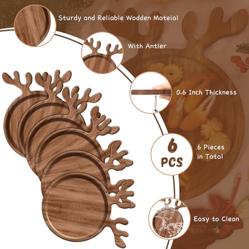6 Pack Christmas Acacia Wood Charcuterie Boards with Deer Antler Handles - 12 Inch