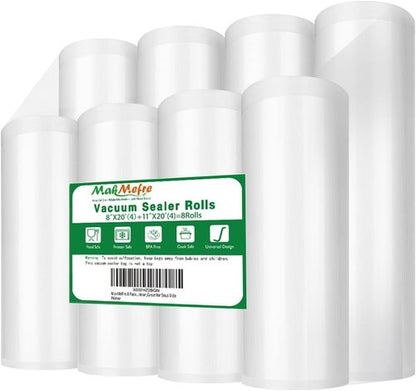 MakMeFre Vacuum Sealer Bags - 8 Pack of 8"x20" & 11"x20" Rolls | BPA Free, Puncture Resistant, Ideal for Sous Vide Cooking