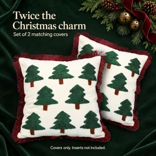 Christmas Pillow Covers Set of 2 - 18x18 Inch Tree Embroidered Throw Pillowcases with Tassels