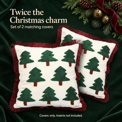 Christmas Pillow Covers Set of 2 - 18x18 Inch Tree Embroidered Throw Pillowcases with Tassels