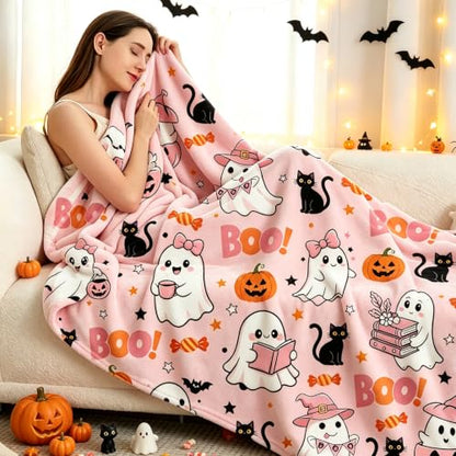 Pink Ghost Halloween Throw Blanket with Pumpkin & Black Cat Design - 50x60 Inches - Cozy Microfiber Decor