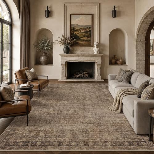 8' x 10' Brown Washable Non-Slip Low Pile Living Room Rug - Vintage Floral