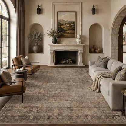 8' x 10' Brown Washable Non-Slip Low Pile Living Room Rug - Vintage Floral