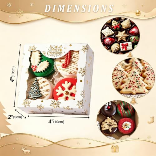 24PCS 4x4x2 Inch Christmas Treat Boxes with Clear Window – White, Gold Foil Pattern, 6 Per Style