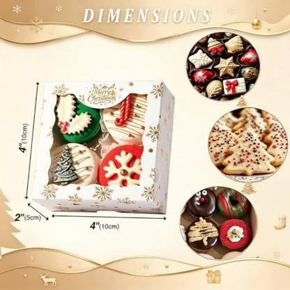 24PCS 4x4x2 Inch Christmas Treat Boxes with Clear Window – White, Gold Foil Pattern, 6 Per Style