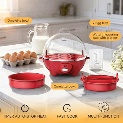 Egg Cooker 7 Eggs Boiler with Auto Shut-Off - Red / Rapid Breakfast Maker