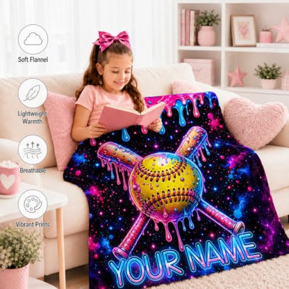 Personalized Softball Blanket for Girls - Yellow Custom Throw Blanket