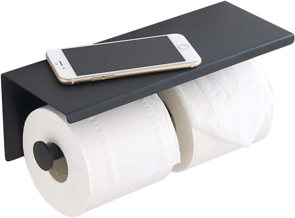 BGL 304 Stainless Steel Double Toilet Paper Holder - Matte Black Wall-Mounted Design with Shelf