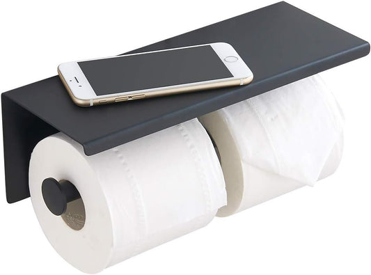BGL 304 Stainless Steel Double Toilet Paper Holder - Matte Black Wall-Mounted Design with Shelf