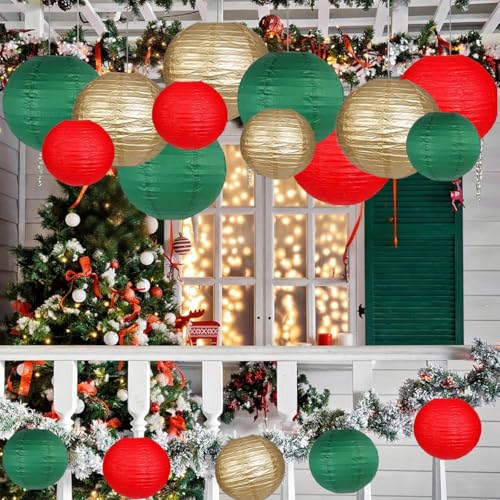 Christmas Red, Green & Gold Paper Lanterns Set of 12 Decorative Hanging Decorations