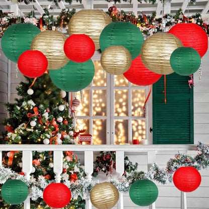 Christmas Red, Green & Gold Paper Lanterns Set of 12 Decorative Hanging Decorations