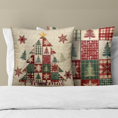 Christmas Tree Outdoor Pillow Covers 18x18 Set of 2 - Patchwork & Plaid Design