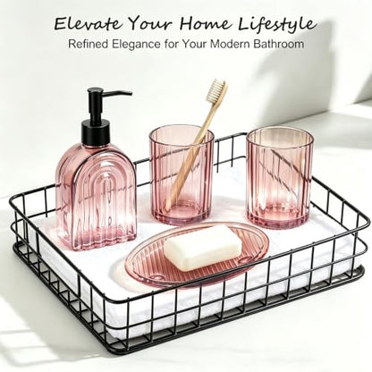 Glass Bathroom Accessories Set - 4 Piece Pinkish Tumbler Soap Dispenser & Dish
