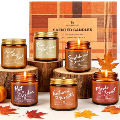 Amber Fall Scented Candle Set - 6 Autumn Fragrance Candles, 180 Burning Hours