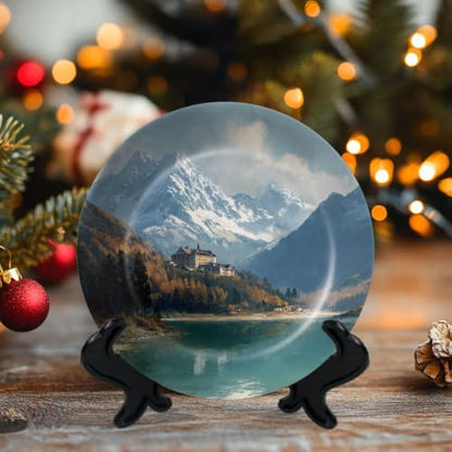 Mountain Lake Switzerland Ceramic Decorative Plate 8x8 Inch with Stand - White Elephant Gift