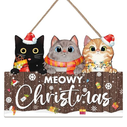 Meowy Christmas Cat Wooden Sign - Black Cats Christmas Decor for Cat Lovers