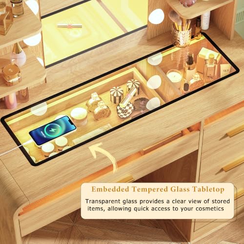 Vanity Desk with Mirror & Lights - 4 Drawers, Glass Top, RGB LEDs, Charging Station (Natural Oak) - 1 Set