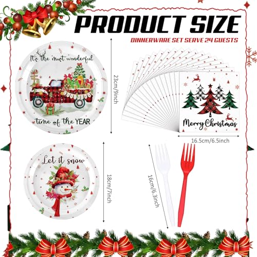 Umigy White Christmas Plates Napkins Set - Snowman & Buffalo Plaid Party Supplies, Serve 24