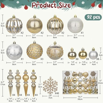 Christmas Tree Decorations Set 92 pcs Shatterproof Ornaments Gold & Silver - Variation of THIS listing