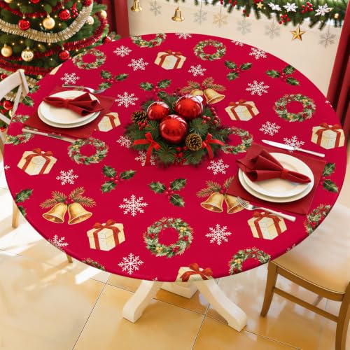 Moosfor Elastic Round Tablecloth for 45-56 Inch Tables - Red & Green, Fitted, Waterproof