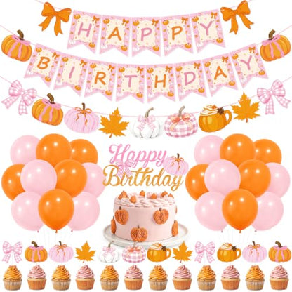 Fall Birthday Party Decorations Set Pink Pumpkin Maple Leaves Thanksgiving Indoor Home
