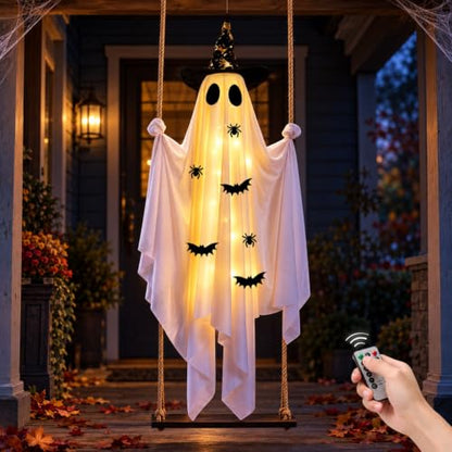 Halloween Swinging Ghost Outdoor Decoration with Witch's Hat - 5FT Ghost & Adjustable Rope