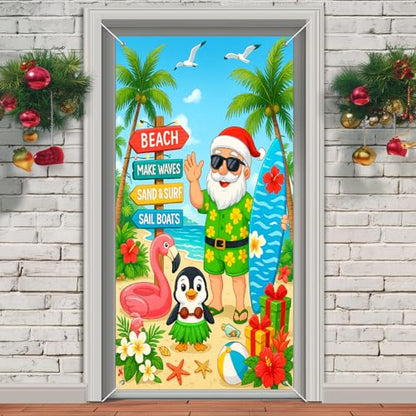 Christmas Surfboard Santa Door Cover Banner - Beach Santa Penguin Holiday Style 71x35
