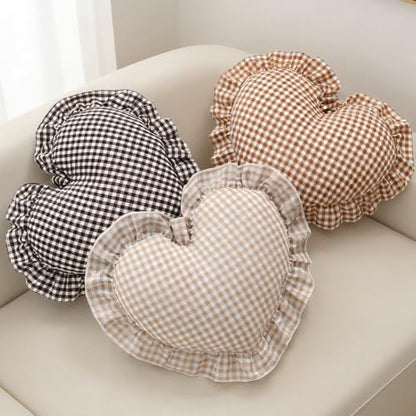 Coffee White Checkered Heart Pillow with Ruffle - Gingham Love Cushion for Sofa Bed Decor