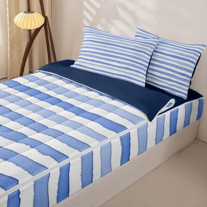 Kids Zipper Bedding Set - Watercolor Stripe Twin with Comforter & Sheets - Navy Blue Variation