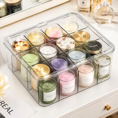 Candle Storage Organizer Box with Dividers, 12 Compartments for Aromatherapy, Taper, Tealight & Jar Candles