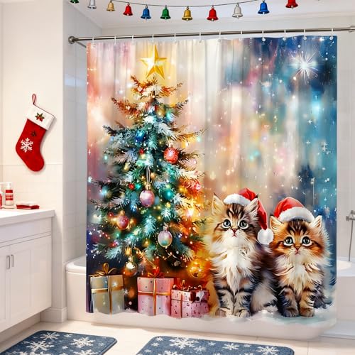 Christmas Shower Curtain 70x70 Inches Holiday Cats & Winter Scene Polyester - Variation of THIS listing