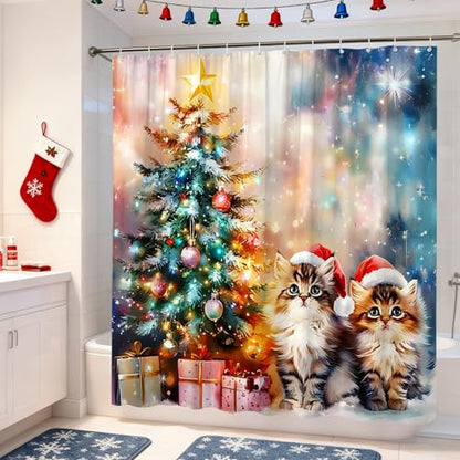 Christmas Shower Curtain 70x70 Inches Holiday Cats & Winter Scene Polyester - Variation of THIS listing