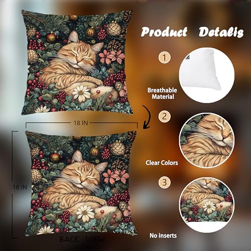 E-Tabby Cat Christmas Decor Pillow Cover 18x18 Rustic Floral Holiday Throw Pillow