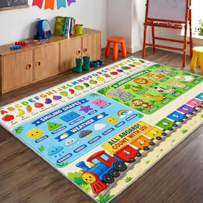 Kids Learning Rug - Alphabet Fruit Vegetable Number Train Carpet 5x6 Rectangular