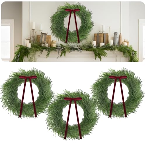 Christmas Cedar Wreath Set - 20 Inch with Red Ribbon Bow - Pack of 3