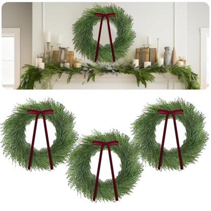 Christmas Cedar Wreath Set - 20 Inch with Red Ribbon Bow - Pack of 3
