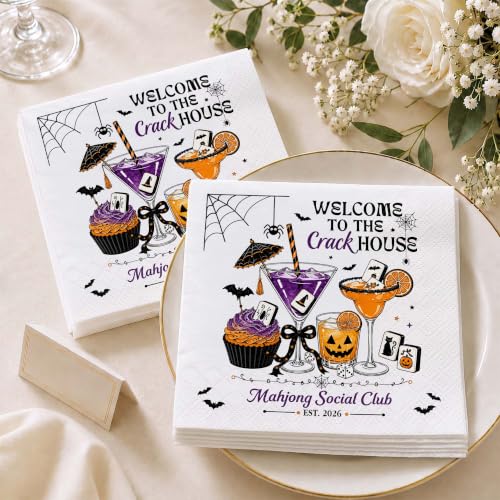 Personalized Halloween Mahjong Cocktail Napkins - Spooky Bat & Mahjong Party Decor