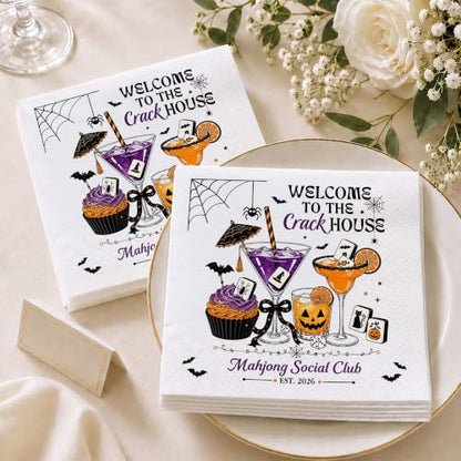 Personalized Halloween Mahjong Cocktail Napkins - Spooky Bat & Mahjong Party Decor