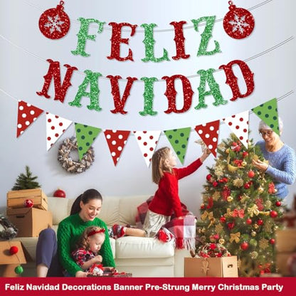 Pre-Strung Feliz Navidad Christmas Banner and Flag Garland Set