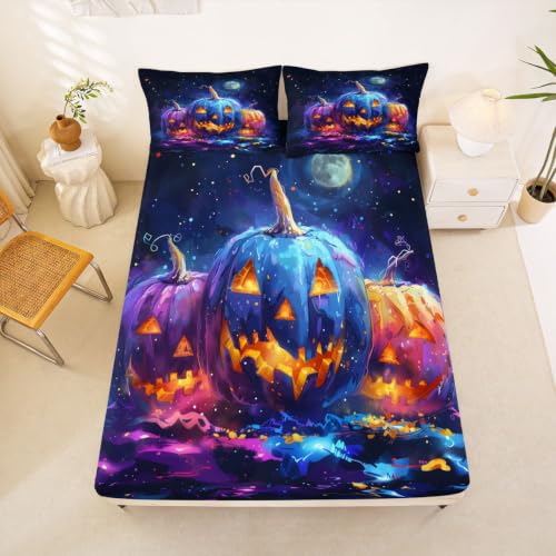 Neon Glow Pumpkin Bed Sheets Set King Size Kids Boys Girls - Blue Orange Black Variation