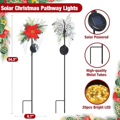 Red Solar Christmas Lights Outdoor Decorations Angel Wings Poinsettia Stakes - Waterproof Garden Pathway Yard Lawn