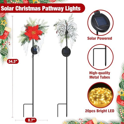 Red Solar Christmas Lights Outdoor Decorations Angel Wings Poinsettia Stakes - Waterproof Garden Pathway Yard Lawn