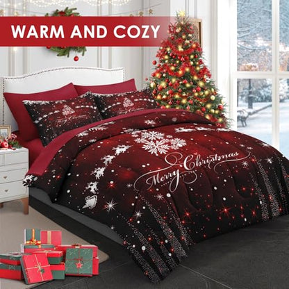 Queen Christmas Snowflake Comforter Set with Sheets - 7 Pieces Dark Bedding