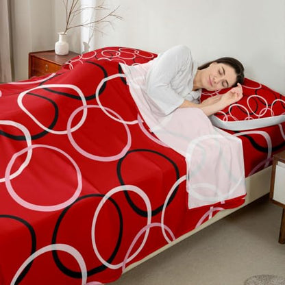 Manfei Abstract Circles Bed Sheets Queen Size - Bright Red Geometric Bedding Set with Fitted, Flat & Pillowcases