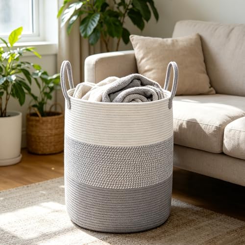 Large Woven Rope Laundry Hamper with Handles - Grey, 70L