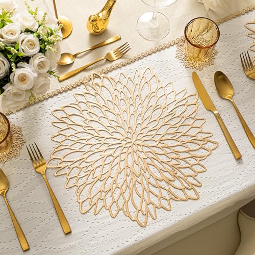 Gold Placemats Set of 12 with Coasters - Round Vinyl Table Mats for Holiday and Wedding Decor