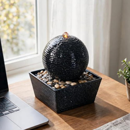 Indoor Water Fountain with Zen Sphere Design and LED Light - Tabletop Relaxation Decor