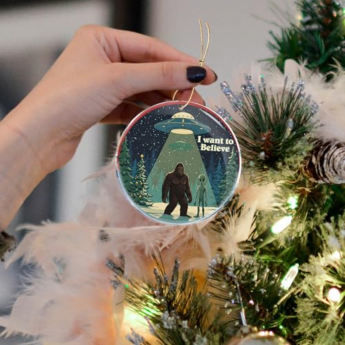 Bigfoot and Alien UFO Christmas Ornament - Funny Sasquatch & Alien Holiday Decor